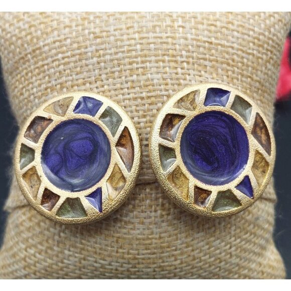 Vintage Xeja Brushed Gold Tone & Enamel Round Clip On Earrings 90's Signed 1.25" - Picture 4 of 7